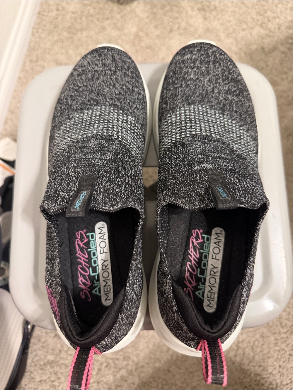 Skechers Women's Knit Slip-On Sneakers in Black, Gray with Pink Trim